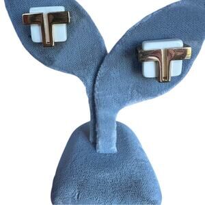 Tory Burch - signed Gold and White T Logo Earrings